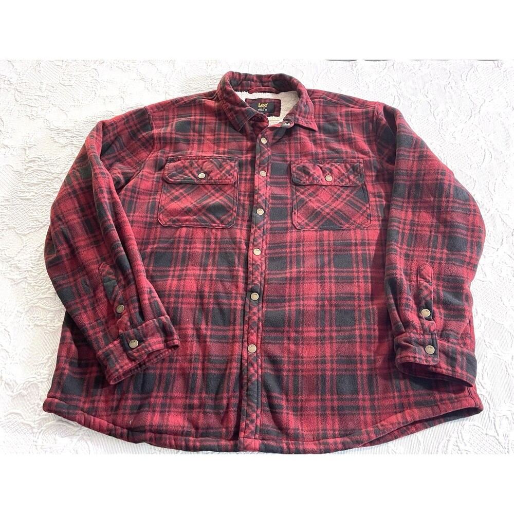 Lee Buffalo Plaid Red Black Sherpa Lined Flannel Shacket Regular Fit Men 2XB